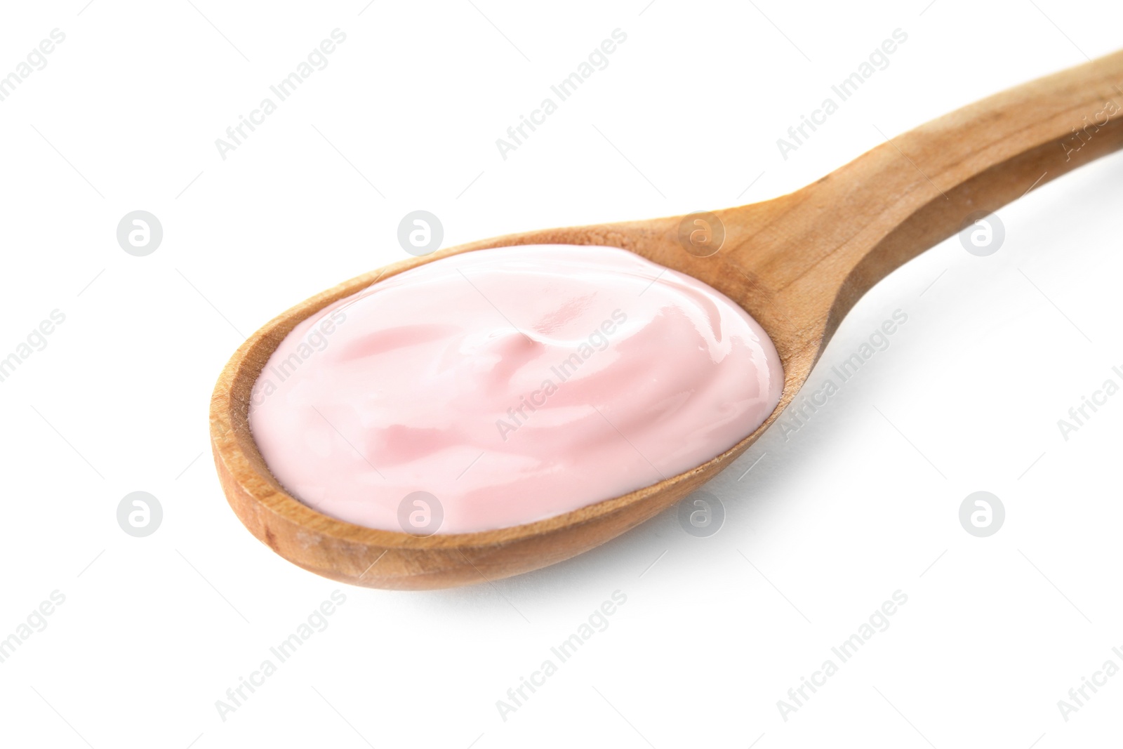 Photo of Spoon with creamy yogurt on white background, closeup