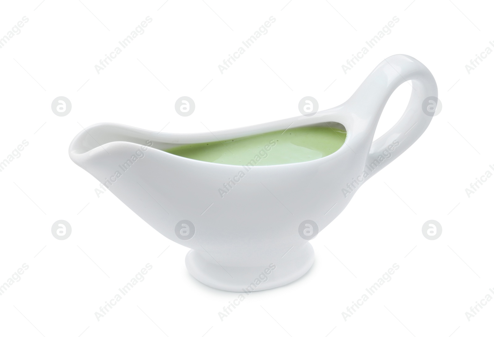 Photo of Ceramic boat with wasabi sauce isolated on white