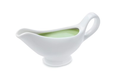 Photo of Ceramic boat with wasabi sauce isolated on white