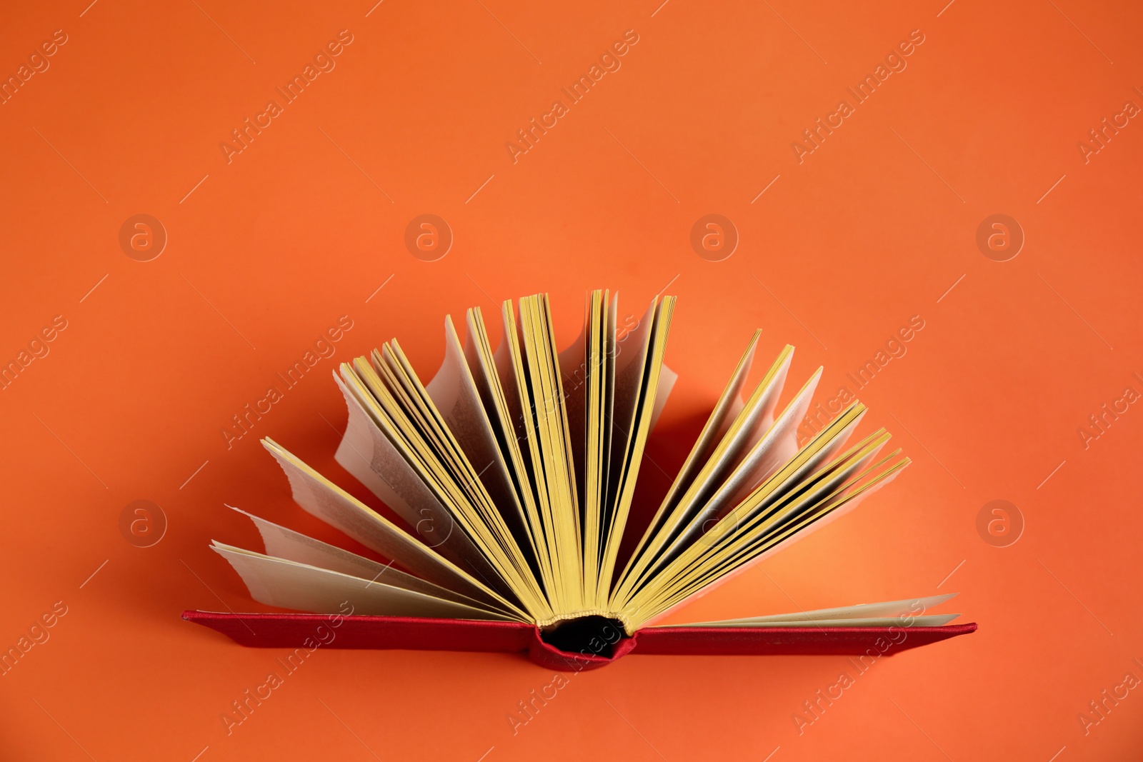 Photo of Hardcover book on orange background, top view