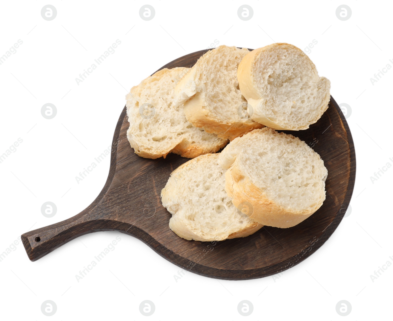 Photo of Pieces of fresh baguette isolated on white, top view