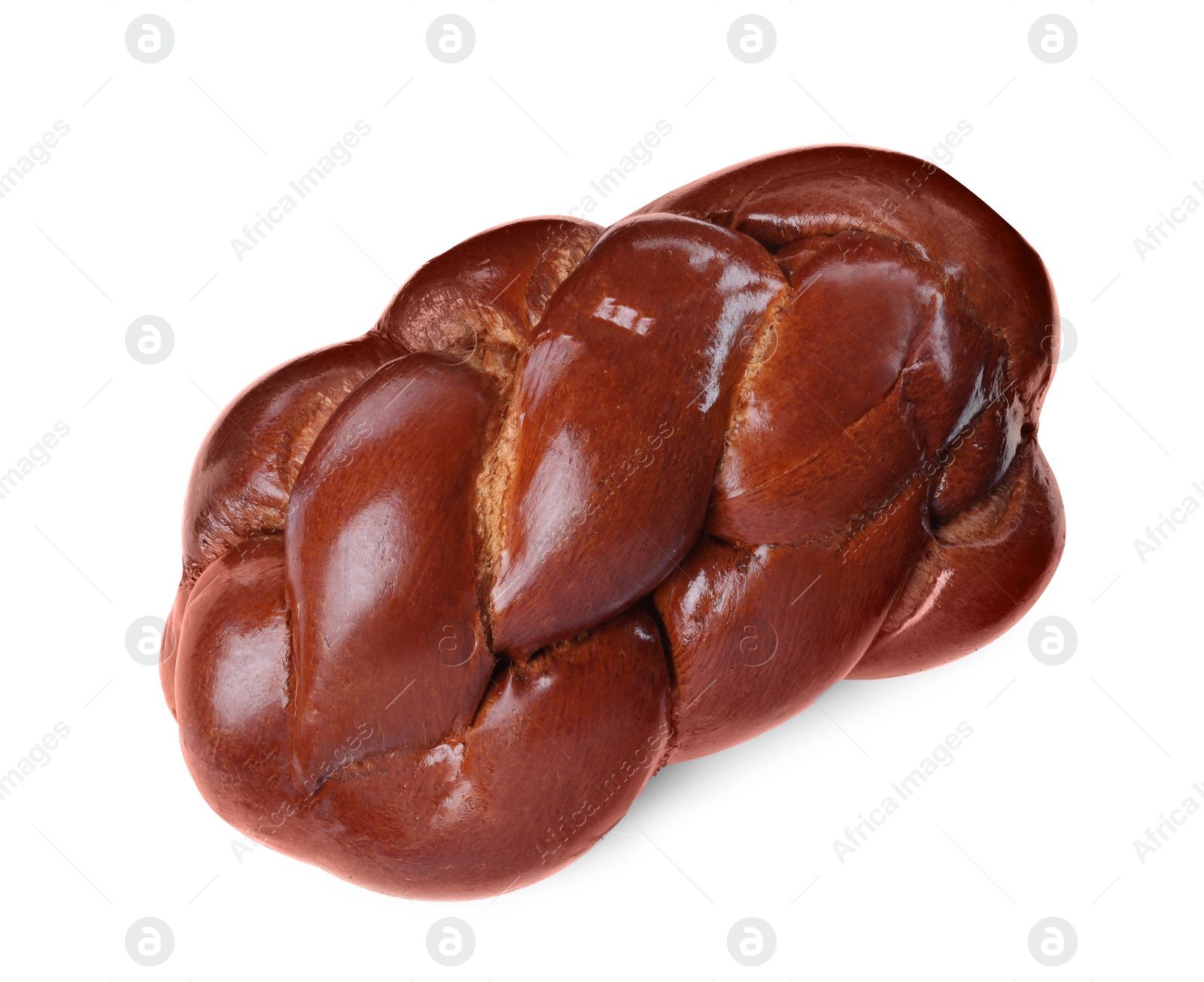 Photo of Homemade braided bread isolated on white, top view. Traditional Shabbat challah