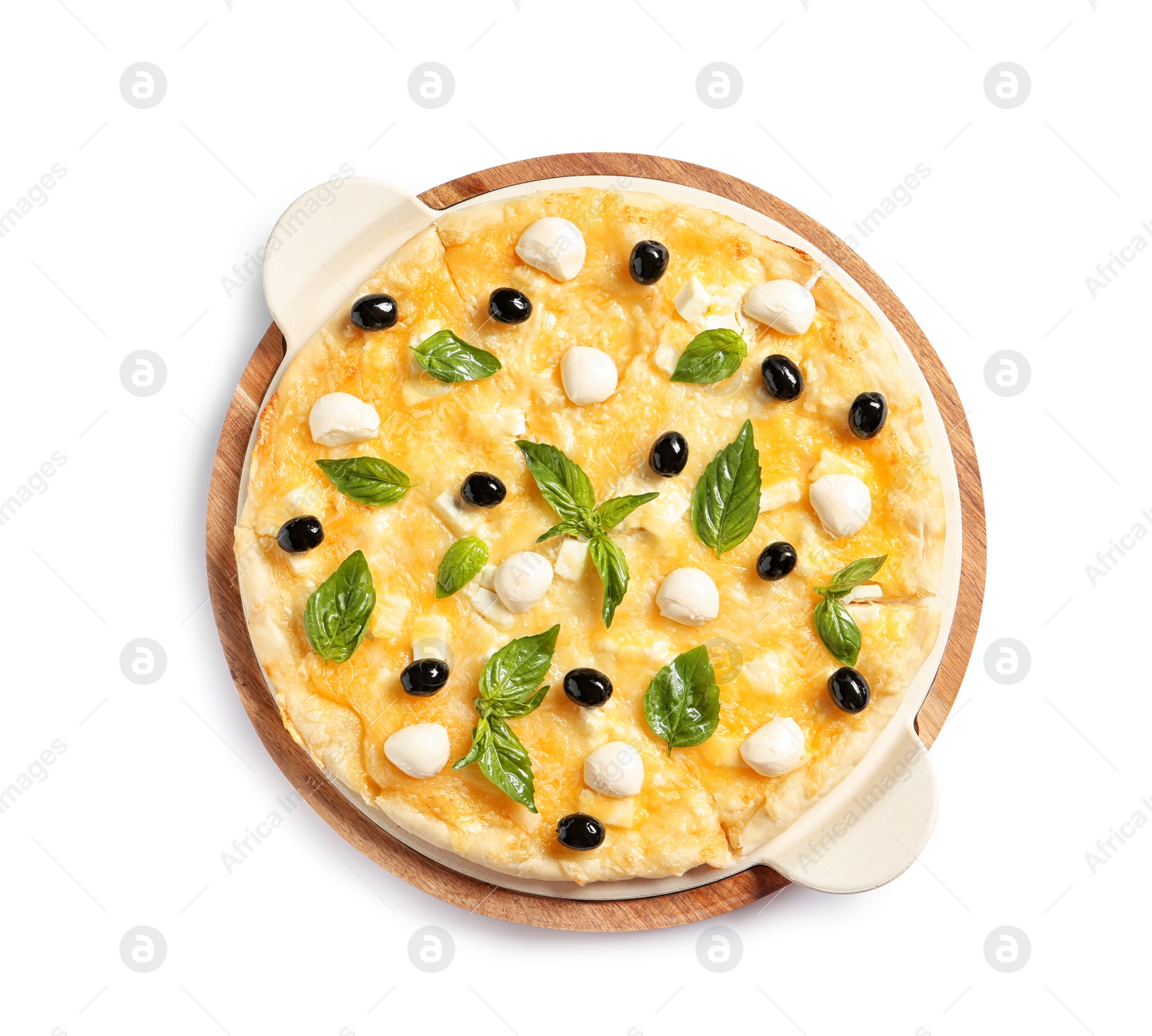 Photo of Tasty homemade pizza on white background, top view