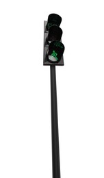 Image of Traffic light with pedestrian signals and pole on white background, low angle view
