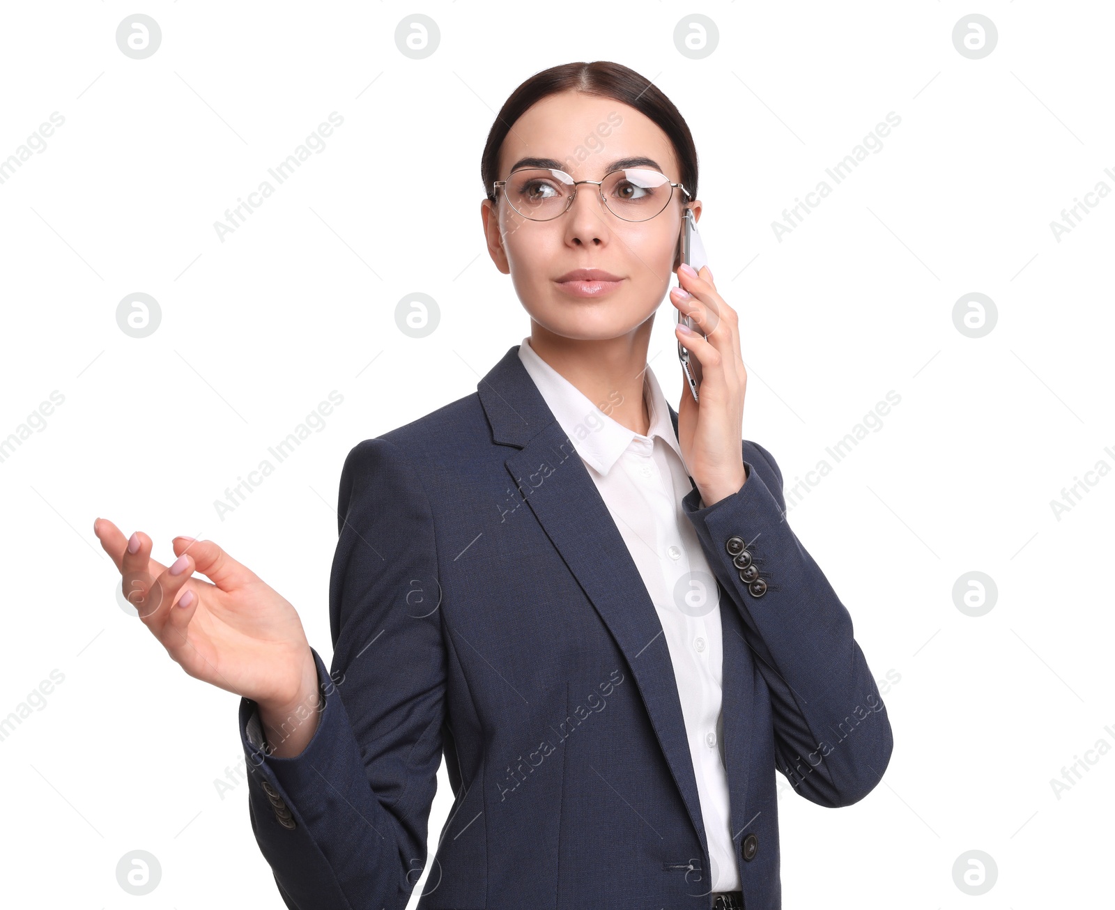 Photo of Young businesswoman talking on mobile phone against white background