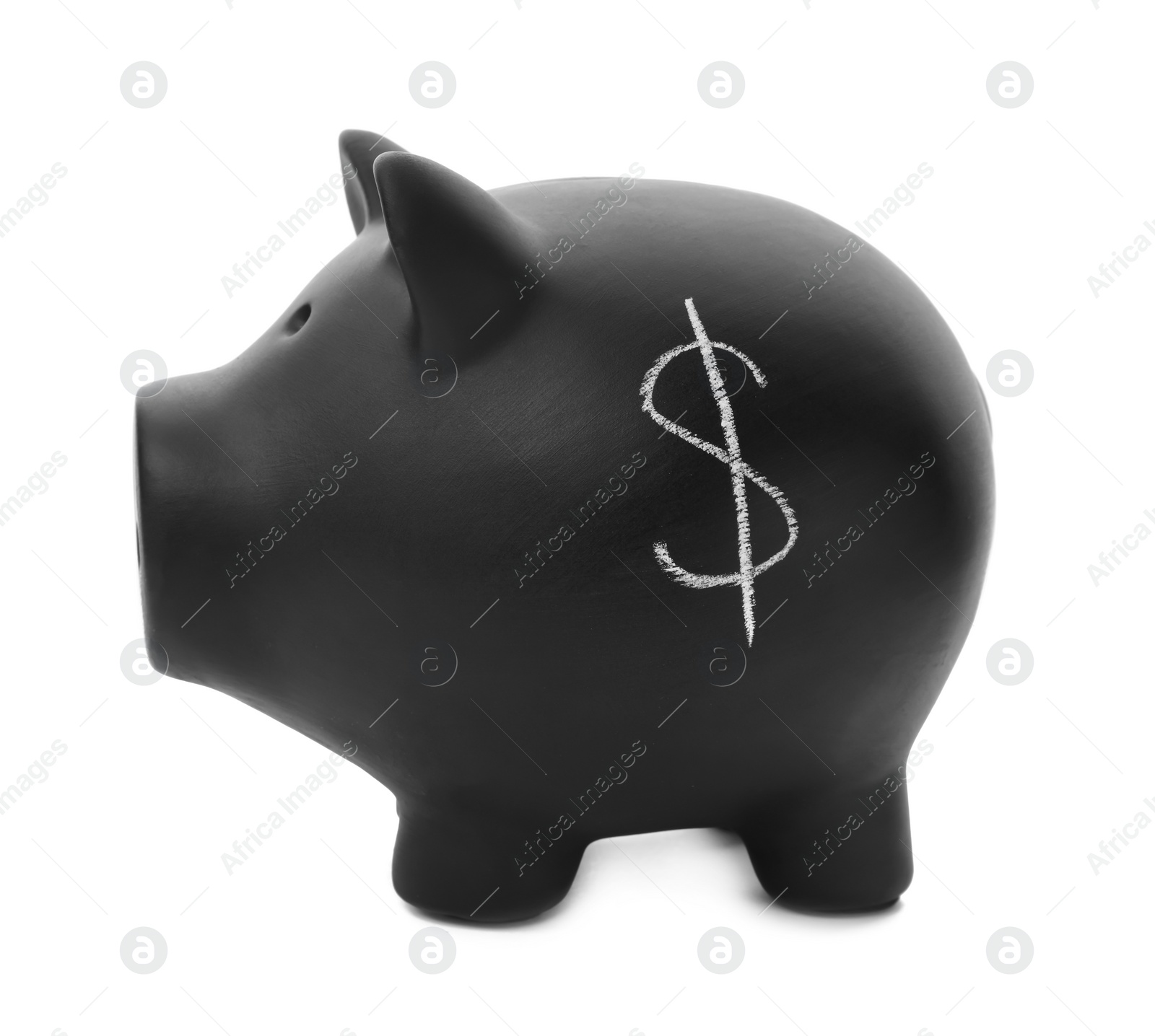 Photo of Black piggy bank with dollar symbol on white background