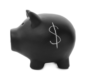 Photo of Black piggy bank with dollar symbol on white background