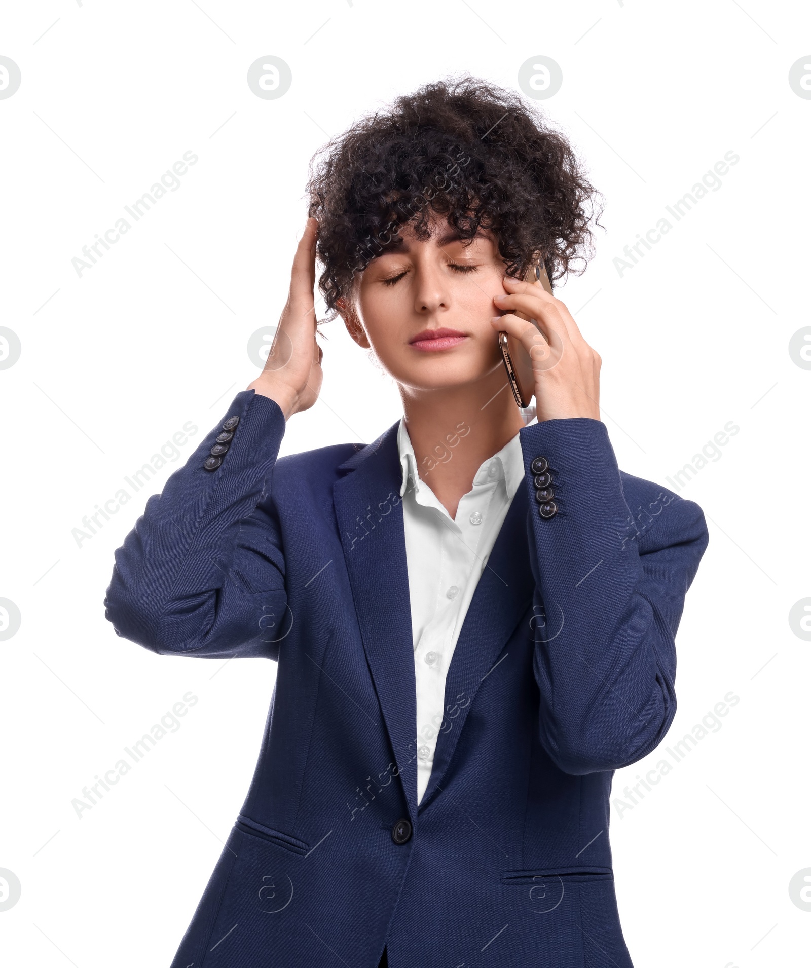 Photo of Beautiful businesswoman in suit talking on smartphone against white background