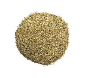 Photo of Pile of aromatic mate tea isolated on white, top view