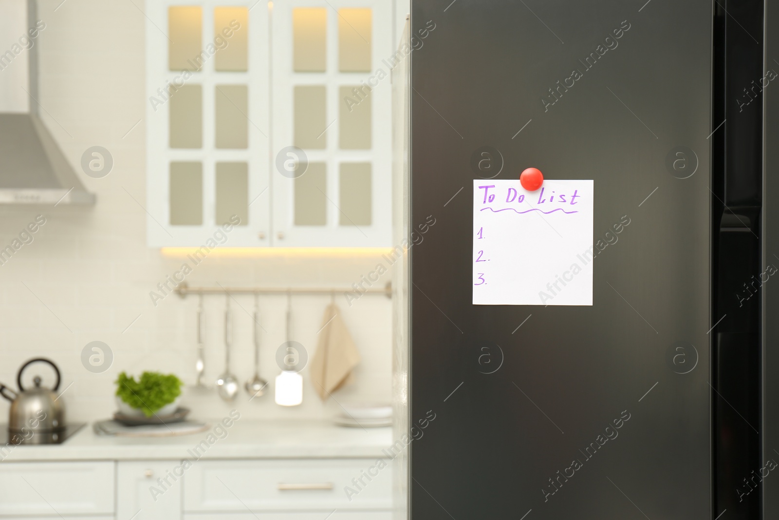 Photo of Blank To do list on fridge in kitchen. Space for text