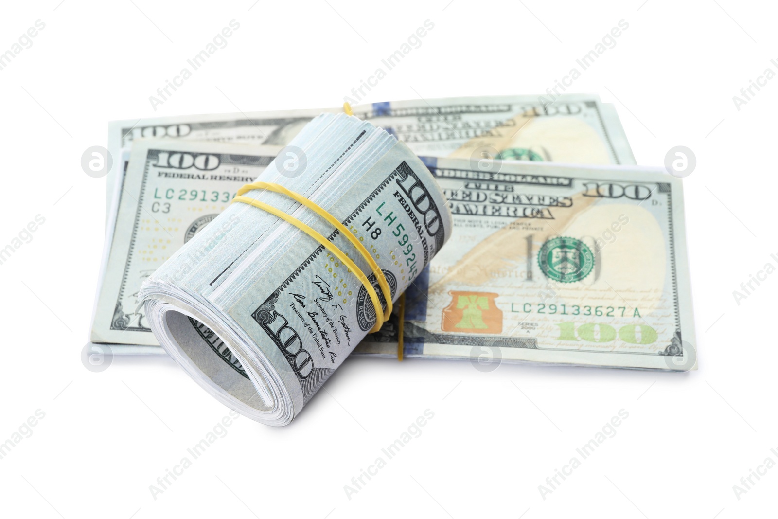 Photo of Many dollar banknotes on white background. American national currency