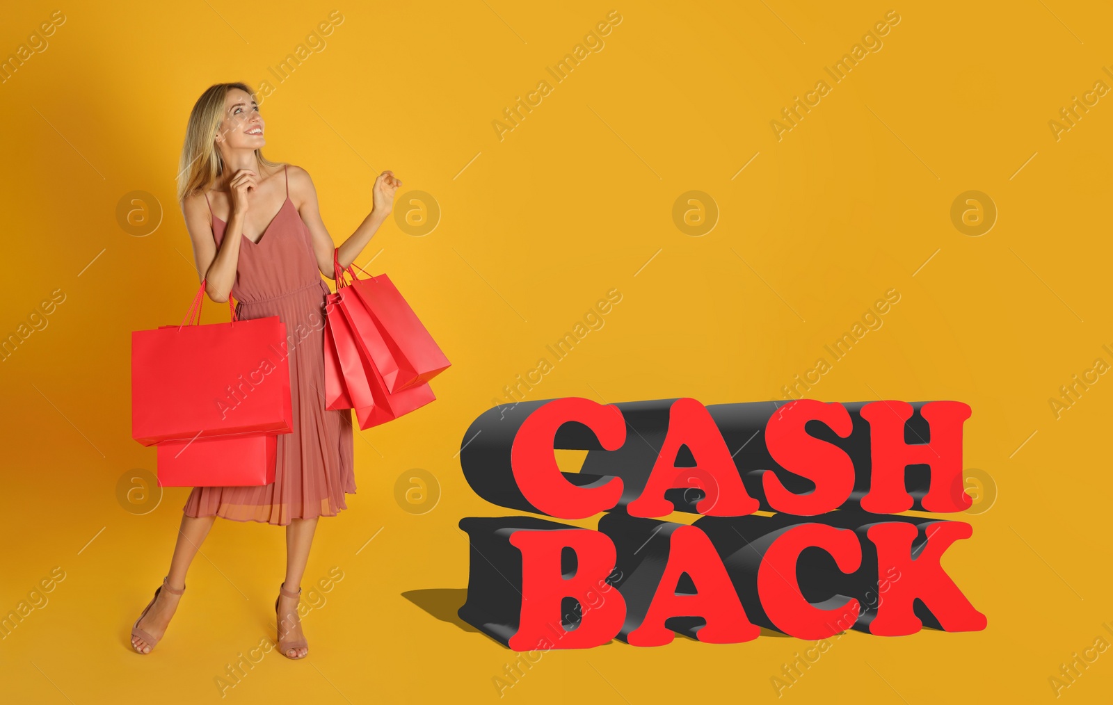 Image of Happy woman with shopping bags and words Cash Back on yellow background