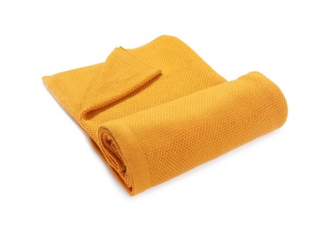 Beautiful yellow knitted blanket isolated on white