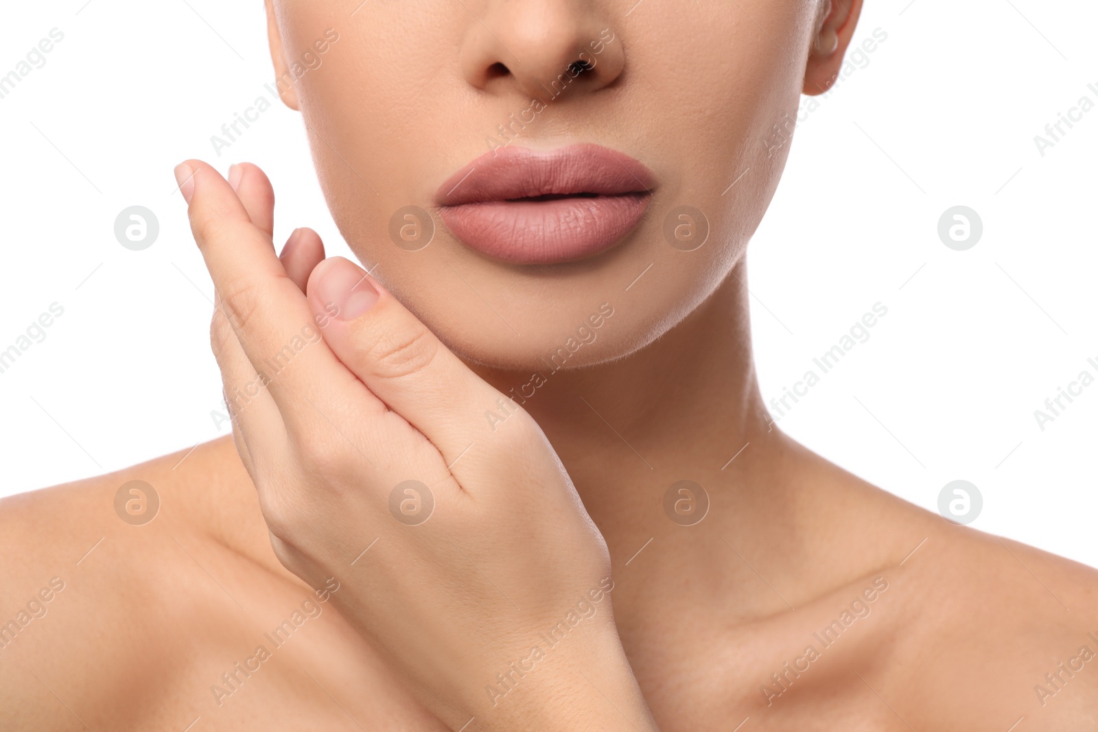 Photo of Woman with pink lipstick on white background, closeup
