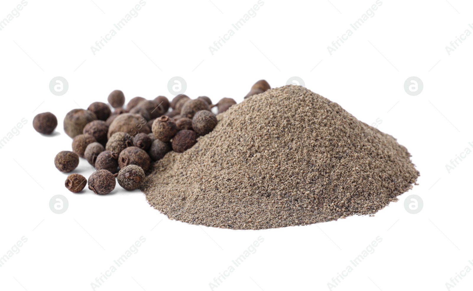 Photo of Spicy milled and whole black pepper isolated on white