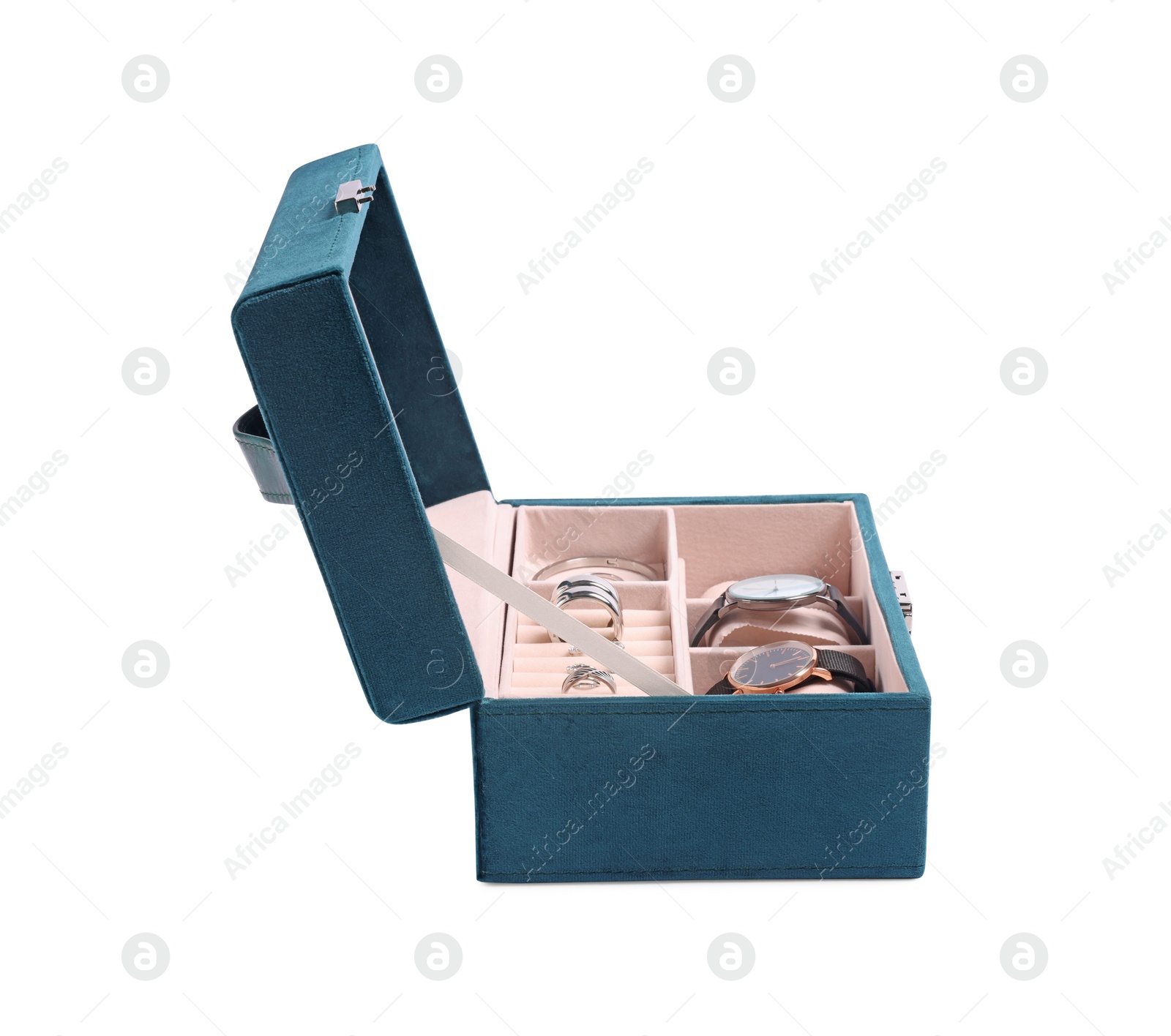 Photo of Jewelry box with many different silver accessories and wristwatches isolated on white