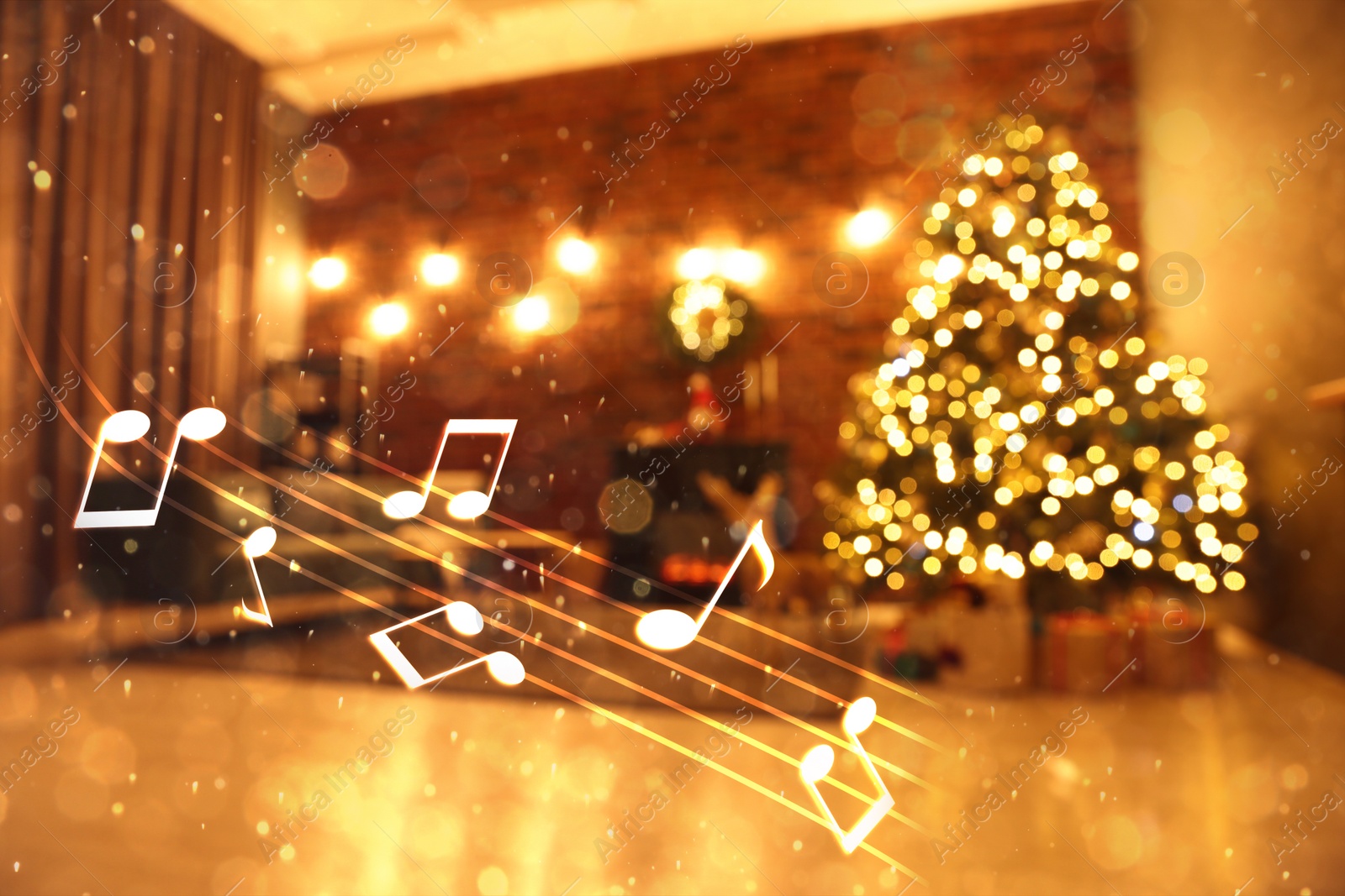 Image of Music notes and blurred view of room decorated for Christmas and New Year celebration, bokeh effect