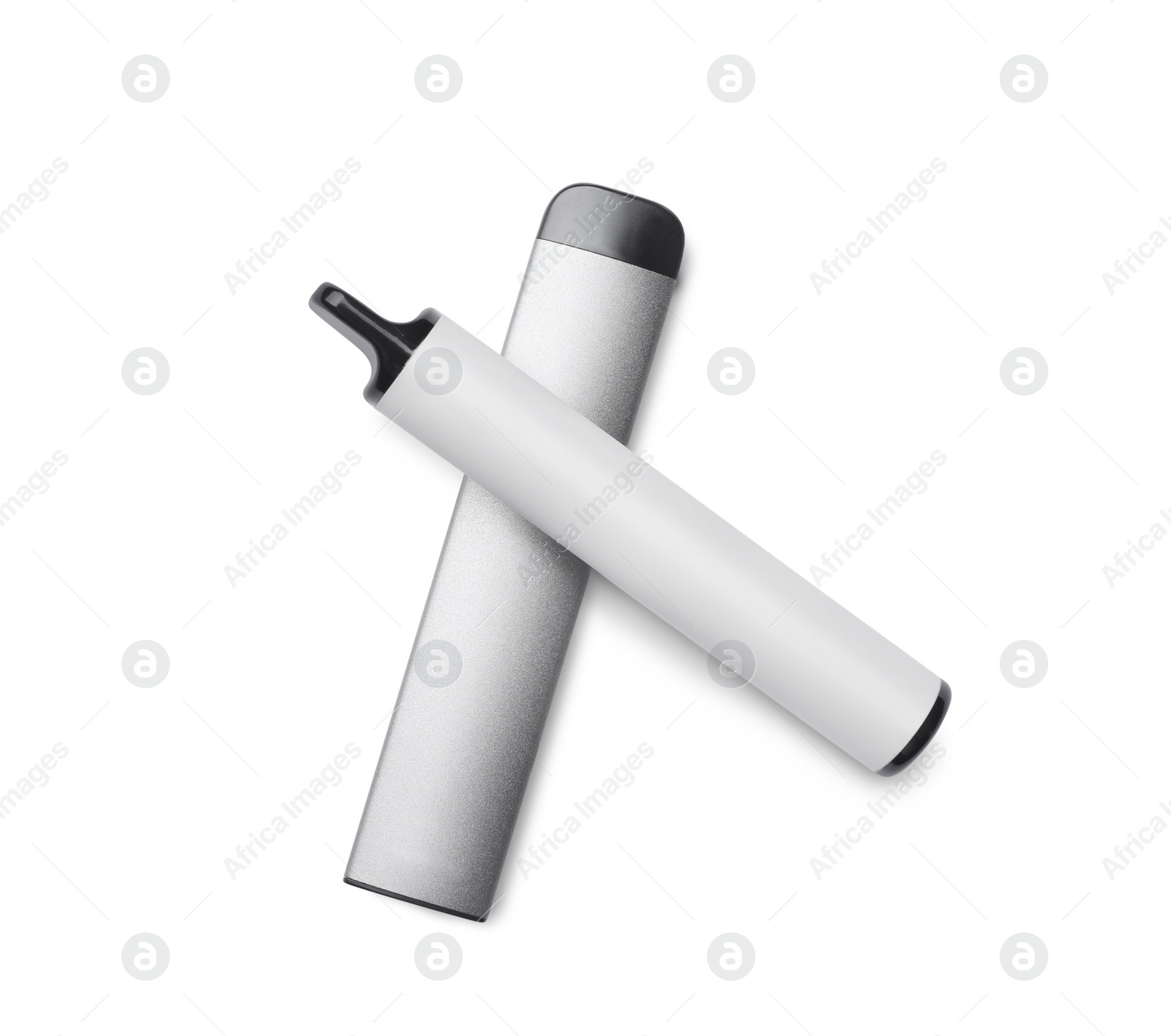 Photo of Two electronic cigarettes on white background, top view
