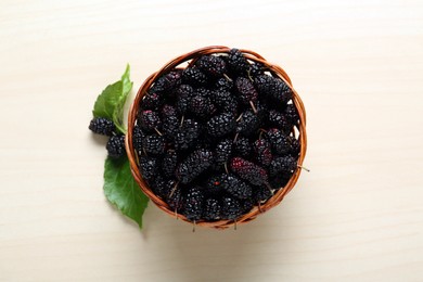 Wicker basket of delicious ripe black mulberries on white table, top view