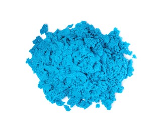 Photo of Pile of blue kinetic sand on white background, top view