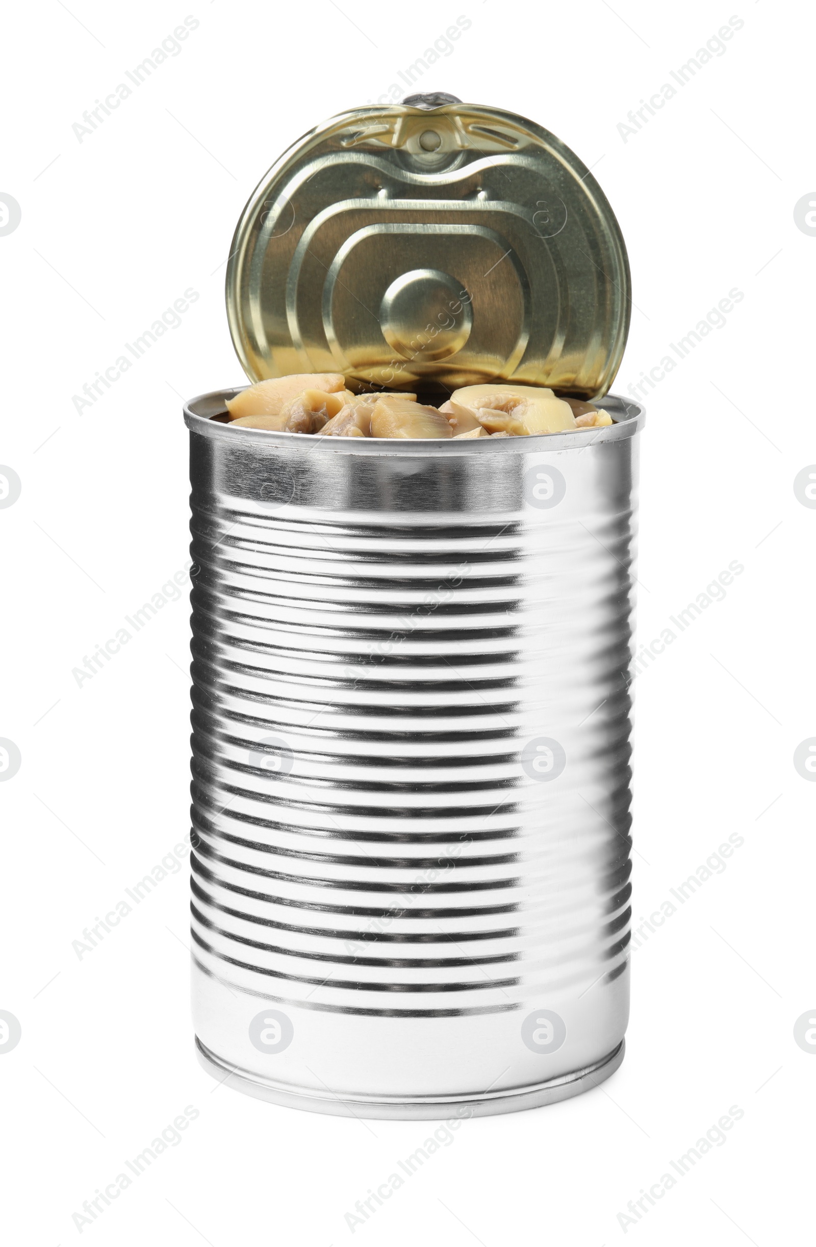 Photo of Open tin can of mushrooms isolated on white