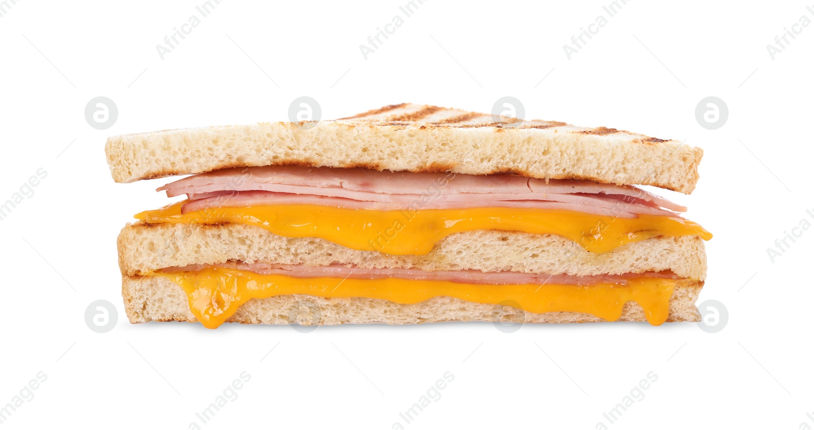 Delicious grilled sandwich with ham and cheese isolated on white Photo of Delicious grilled sandwich with ham and cheese isolated on white