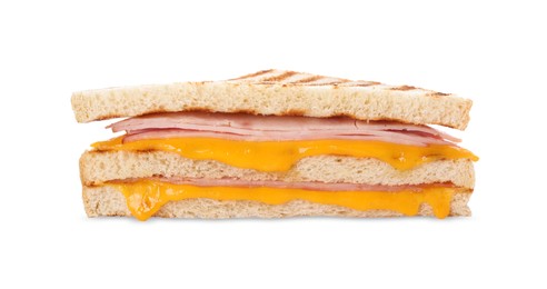 Photo of Delicious grilled sandwich with ham and cheese isolated on white