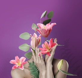 Young woman with beautiful flowers and leaves instead of head on purple background. Stylish creative collage design