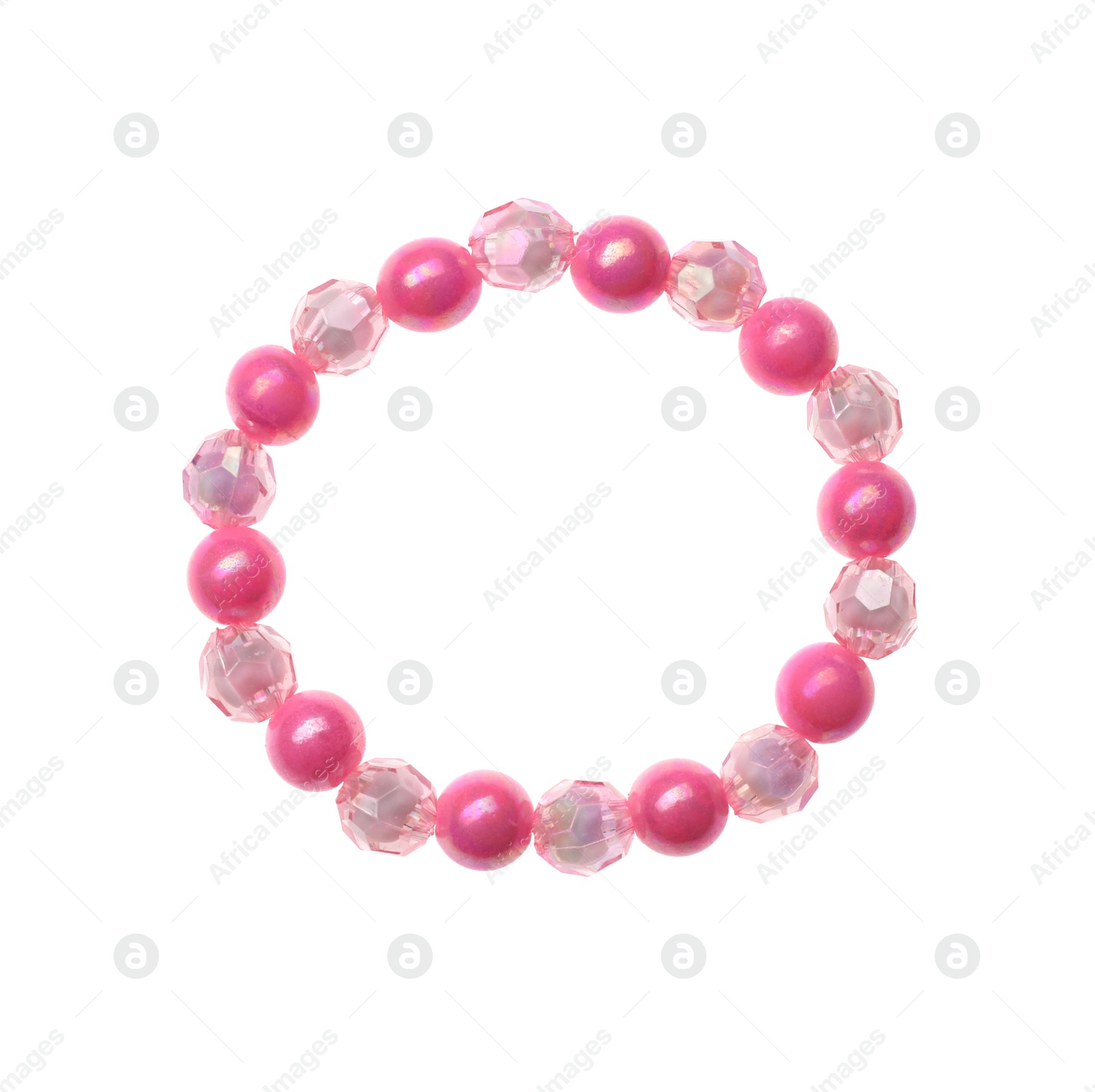 Photo of Beautiful handmade beaded bracelet isolated on white, top view