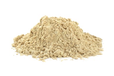 Photo of Heap of aromatic mustard powder on white background