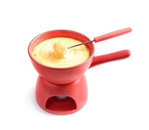 Pot of delicious cheese fondue and fork with bread on white background