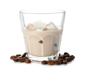 Photo of Glass of coffee cream liqueur with ice cubes and beans isolated on white