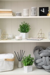 Photo of White shelving unit with plants and different decorative stuff