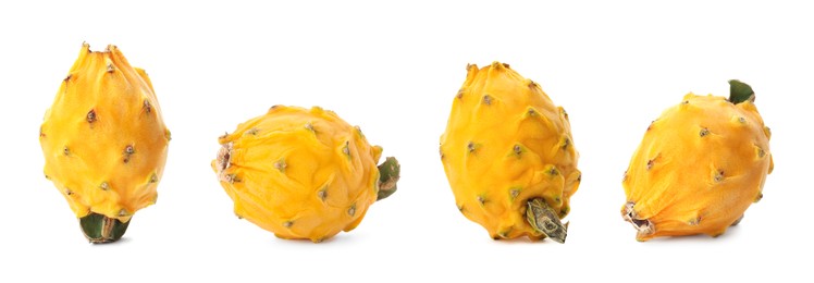 Image of Set with delicious yellow dragon fruits (pitahaya) on white background. Banner design