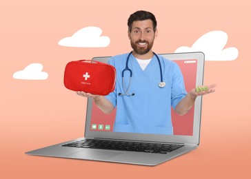 Online medicine. Doctor and modern laptop on color background
