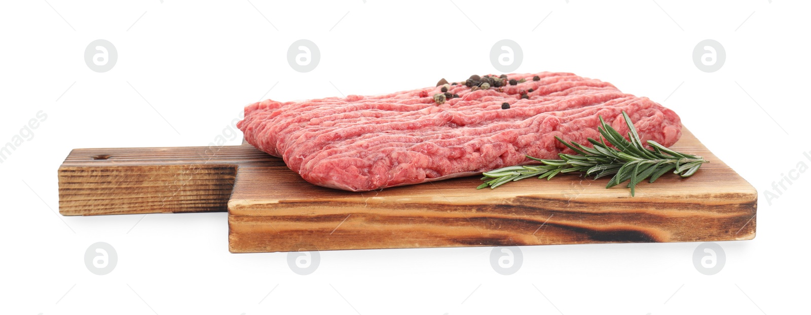 Photo of Raw ground meat, rosemary and peppercorns isolated on white