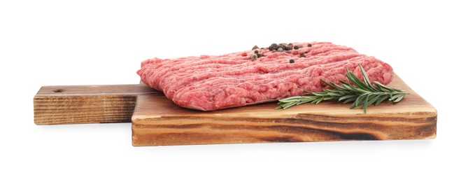 Raw ground meat, rosemary and peppercorns isolated on white