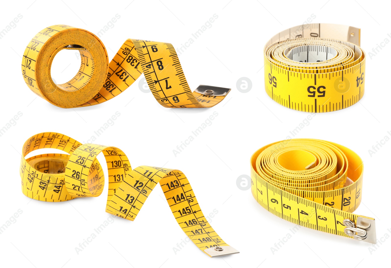 Image of Set of yellow measuring tapes on white background