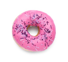 Glazed donut decorated with sprinkles isolated on white, top view. Tasty confectionery