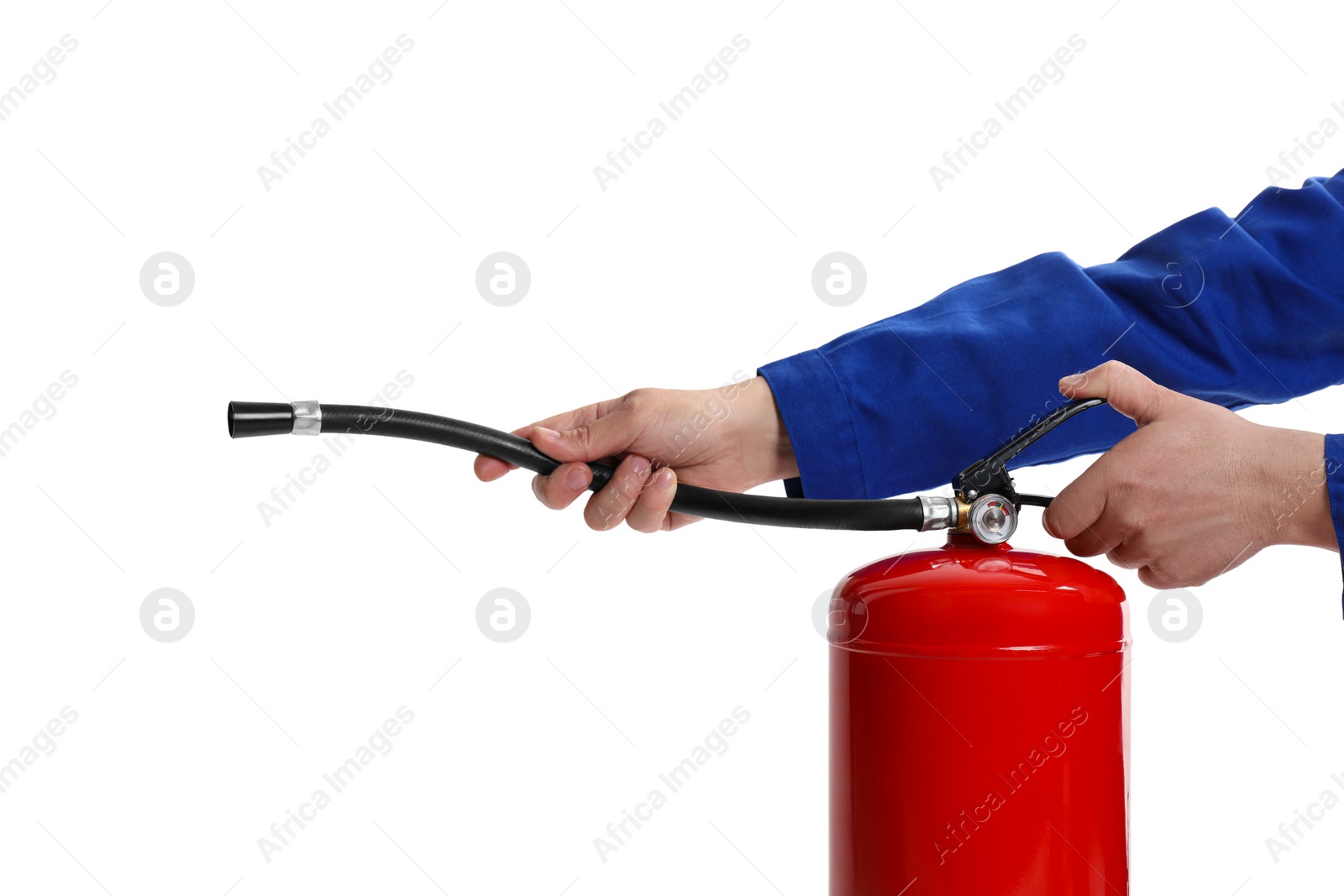 Photo of Man with fire extinguisher on white background, closeup