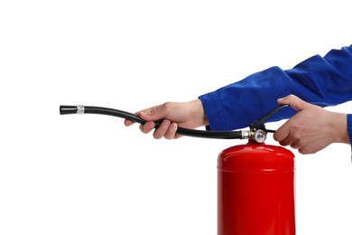 Photo of Man with fire extinguisher on white background, closeup