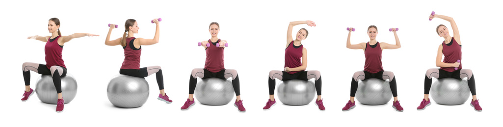 Image of Collage of woman with fitball doing exercises on white background. Banner design