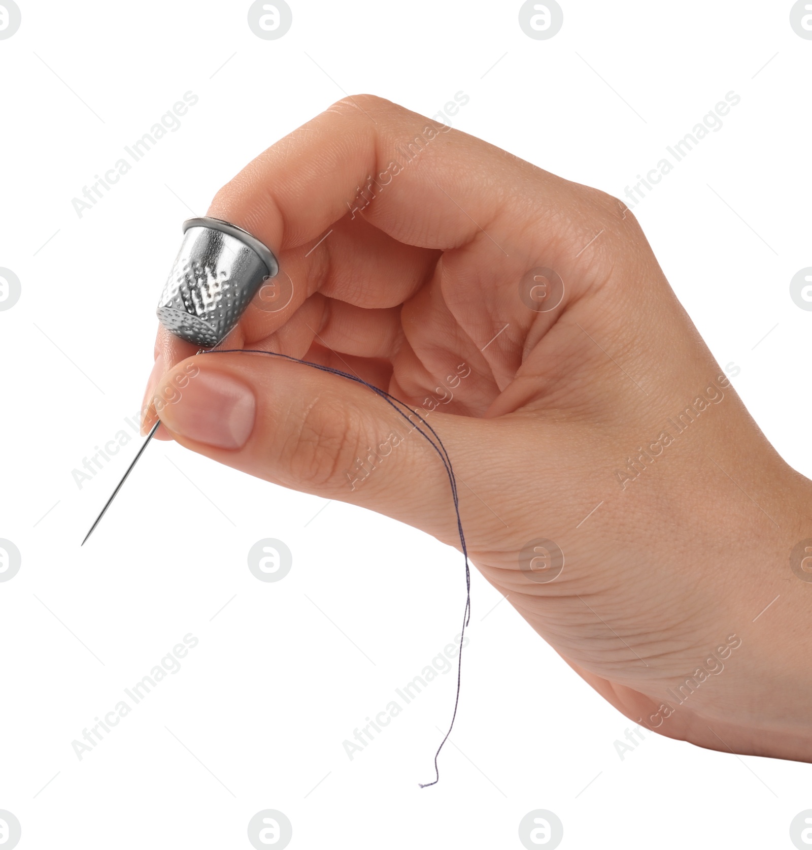 Photo of Woman with thimble, thread and sewing needle on white background, closeup