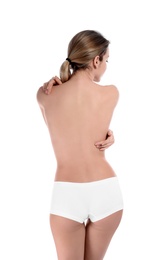 Photo of Back view of woman with perfect smooth skin on white background. Beauty and body care