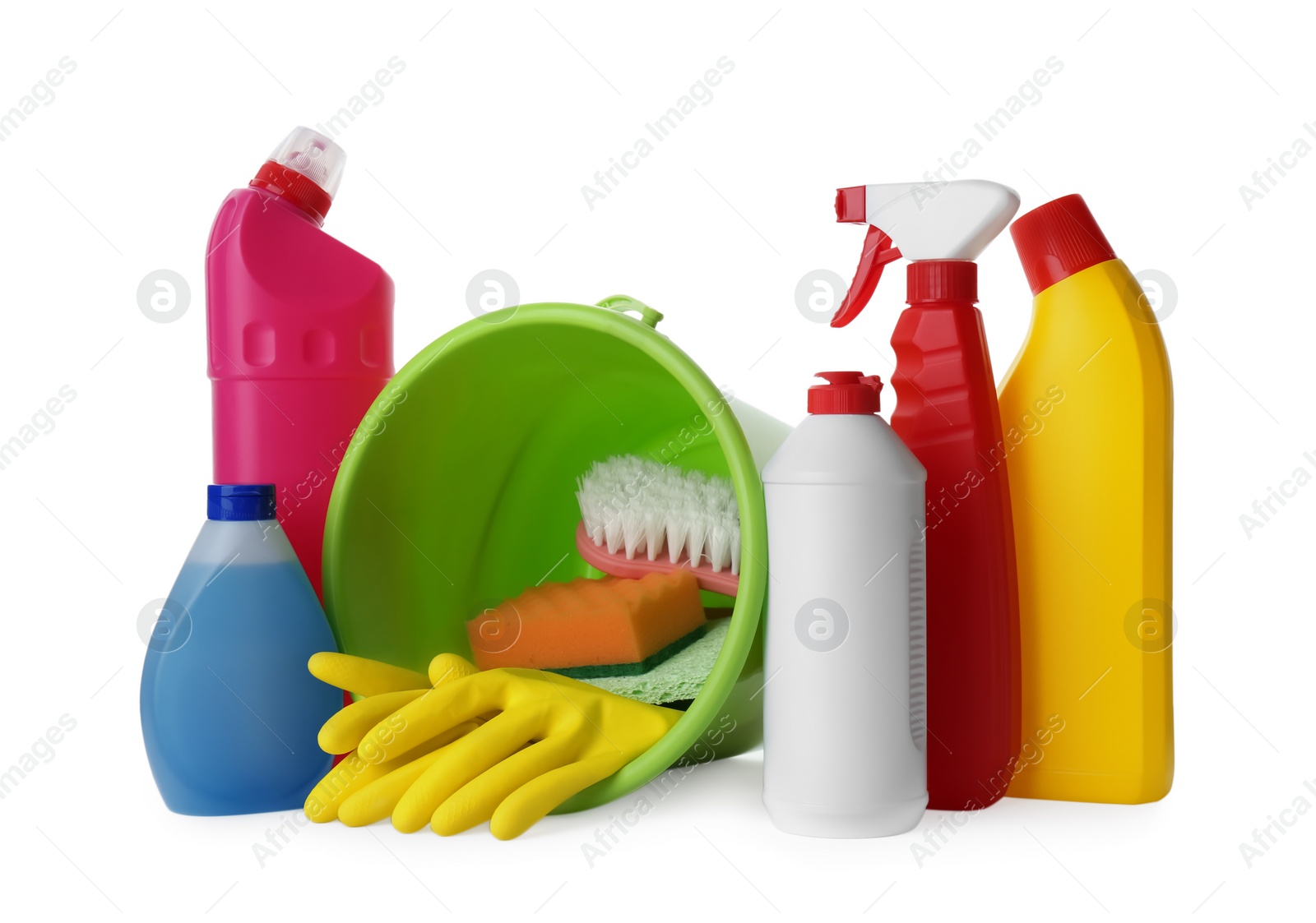 Photo of Set of different cleaning supplies on white background