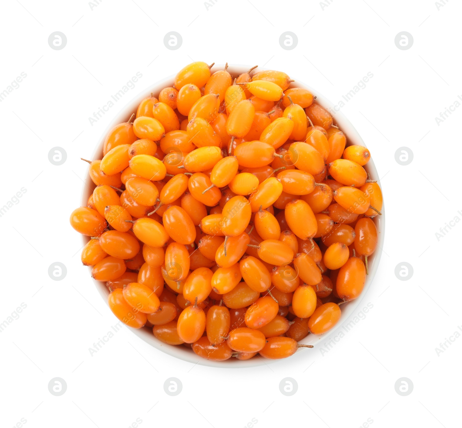 Photo of Fresh ripe sea buckthorn berries in bowl on white background, top view