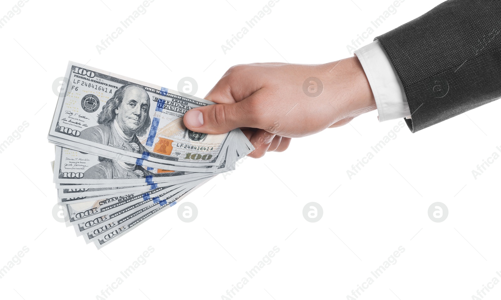 Photo of Money exchange. Man holding dollar banknotes on white background, closeup