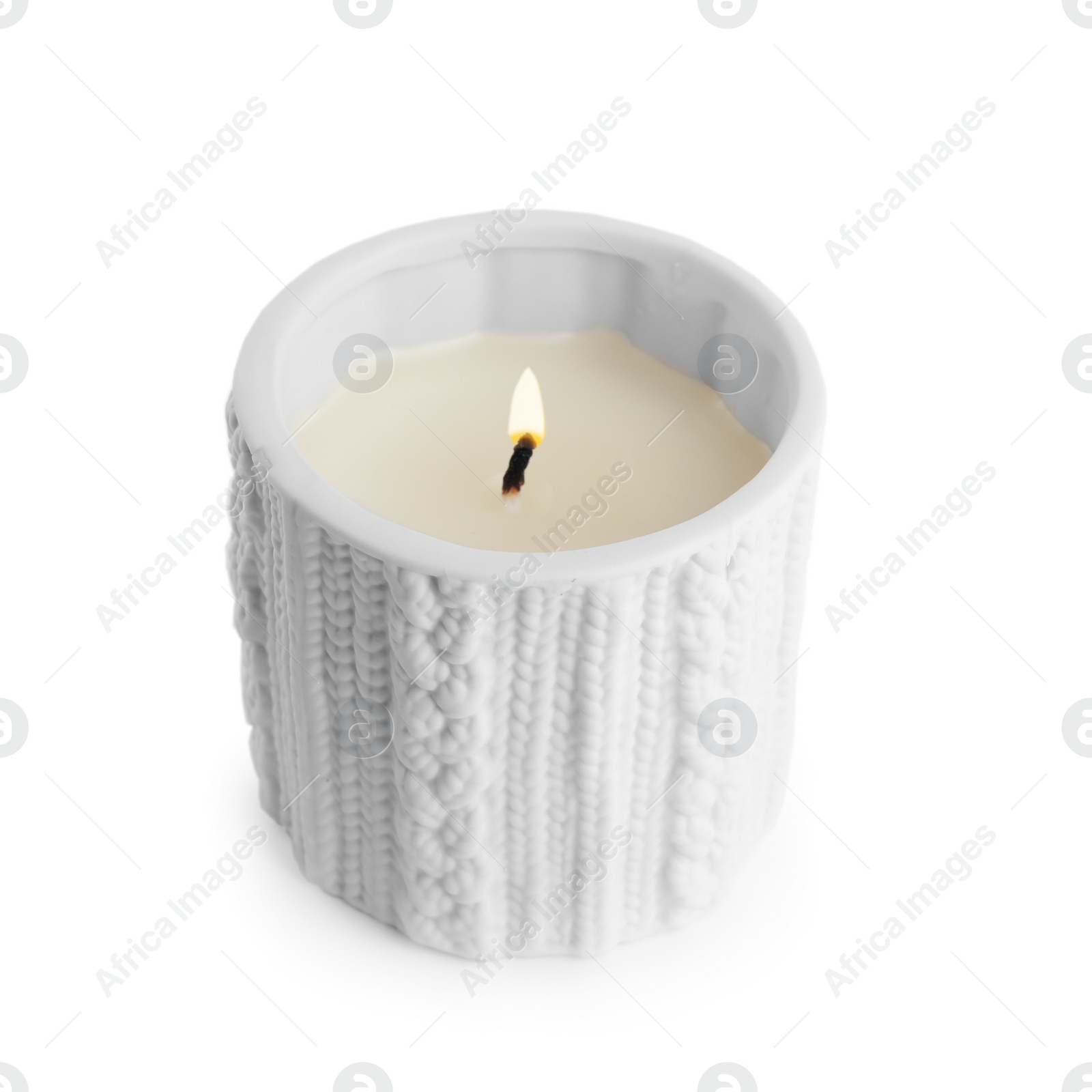 Photo of Candle in ornate holder on white background. Christmas decoration