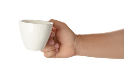 Photo of Woman holding cup on white background, closeup