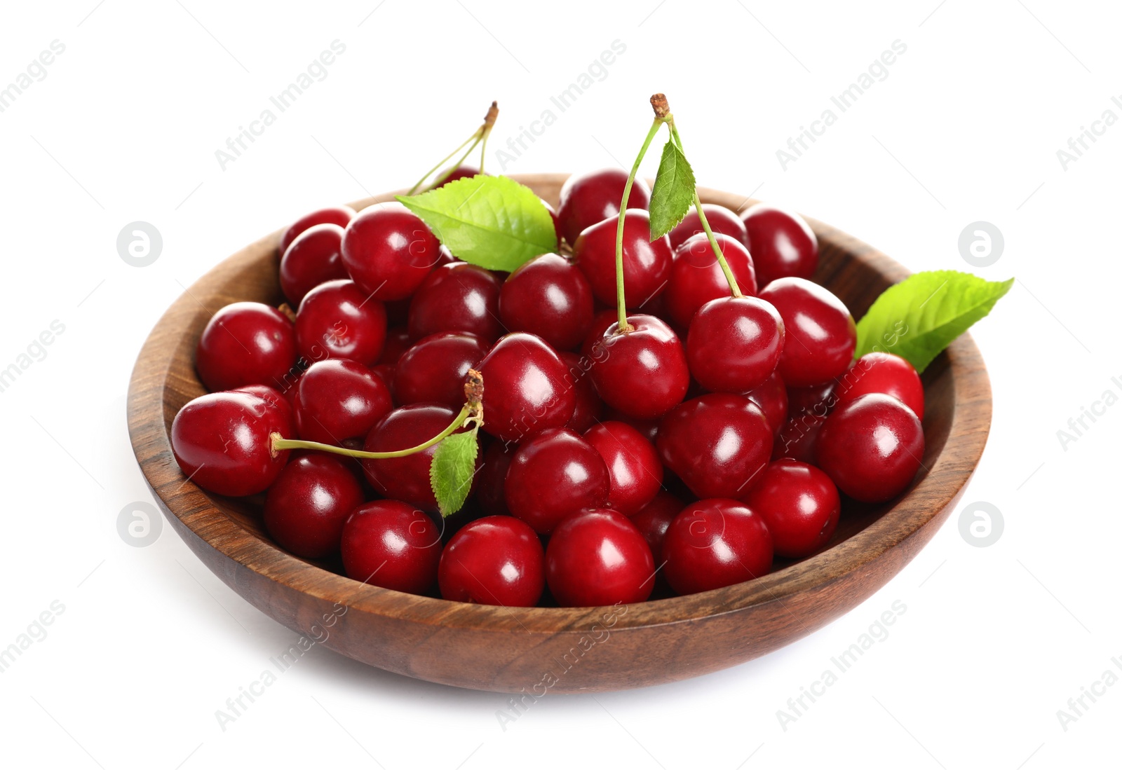 Photo of Wooden plate of delicious ripe sweet cherries on white background